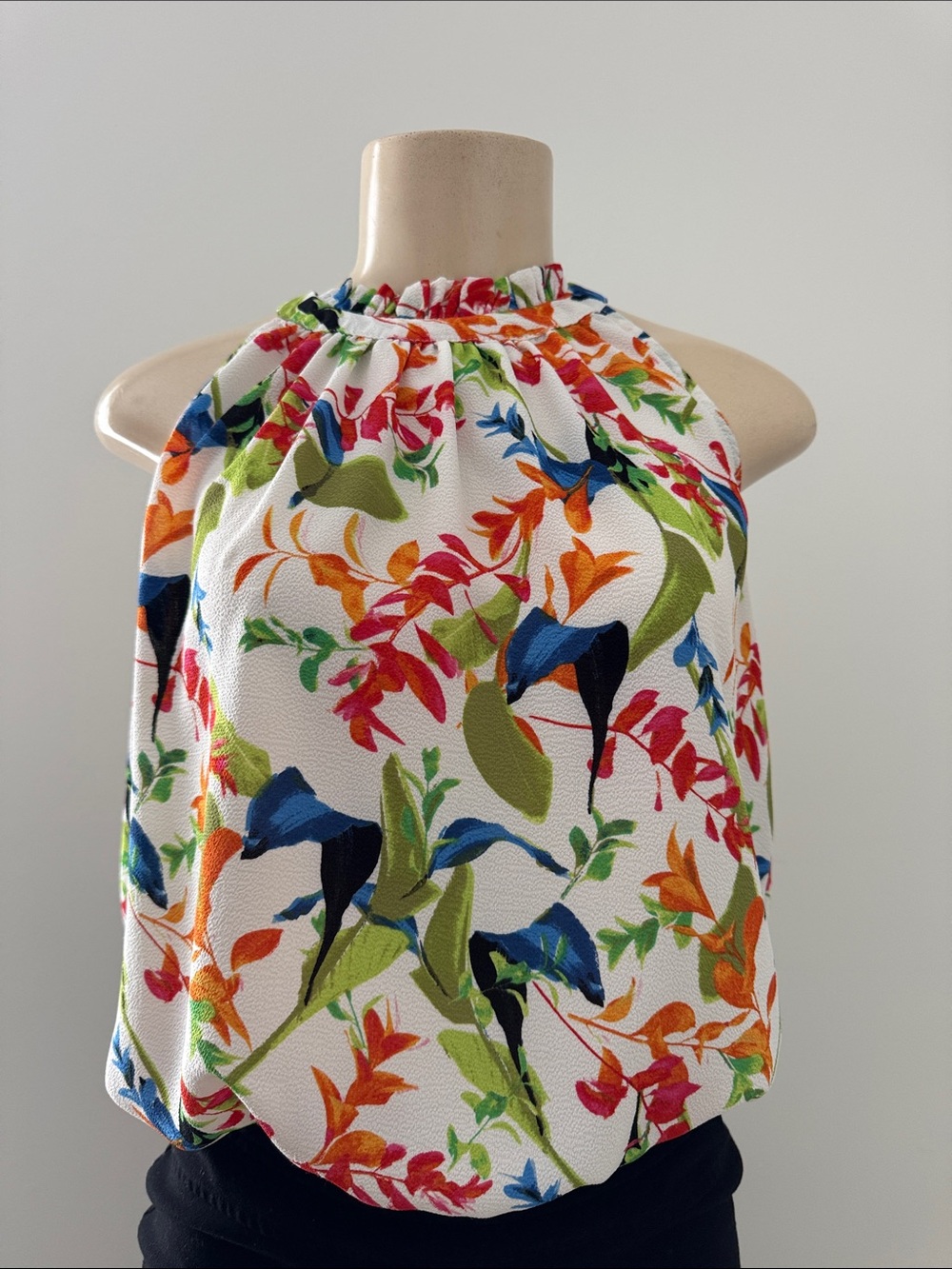 Rose & Olive White Floral Halter Blouse with Multicolor Print